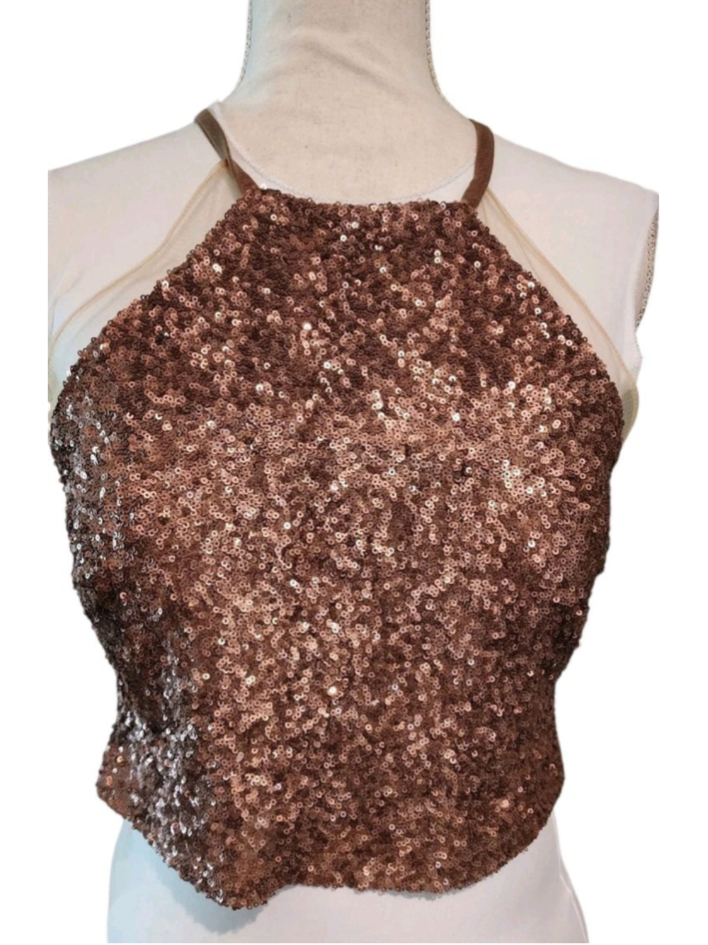 Franssical Bronze Rose Gold Sequin Halter Crop Top 10 Party Cocktail Sparkly